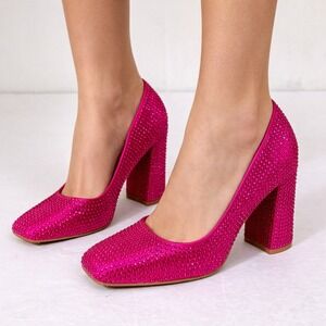 Cape Robbin 7.5 Fuchsia Pink Rhinestone‎ Block Heel Square Toe Pumps Prom Glam